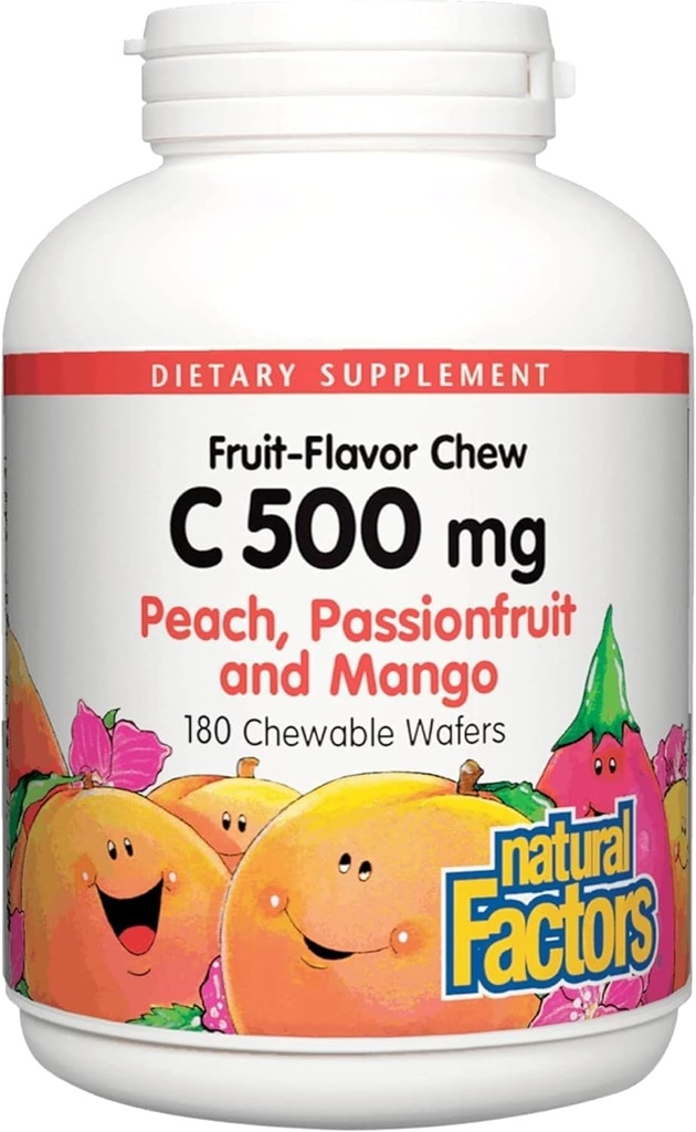 Factores Naturales, Niños Chewable Vitamina C 500 mg, Soporta Salud Inmune, Huesos, Dientes y Gums, Peach, Pasión y Mango, 180 Wafers