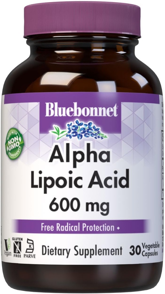 BlueBonnet Alpha Lipoic Acid 600mg - Powerful Antioxidant Nerve Support Supplement for Women &amp; Hombre - Non-GMO, Vegan, Kosher - Gluten-Free, Soy-Free, Dairy-Free - 60 cápsulas vegetales