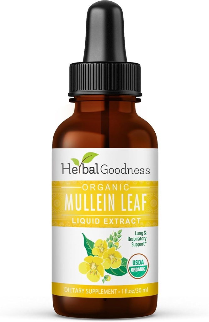 Herbal Goodness Mullein Leaf Extract - Mullein Drop for Lungs Detox, Herbal Expectorant and Antioxidants Propiedades para la salud respiratoria y digestiva - Mullein Tincture 1oz