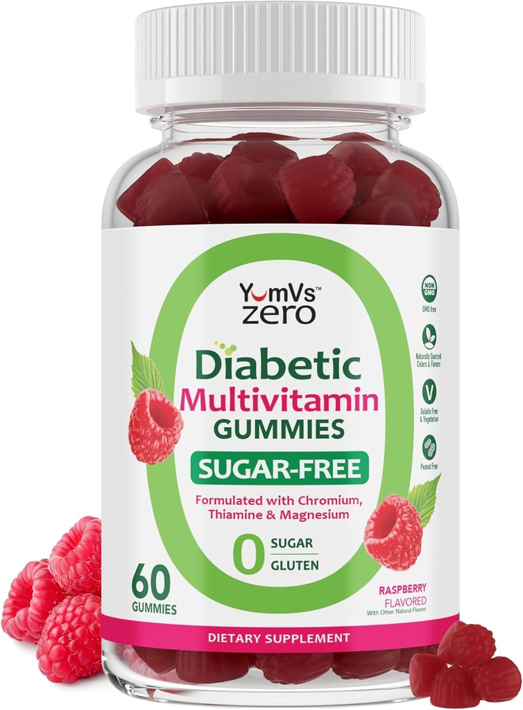 YUM-V'S Multivitamin for Women &amp; Men – Gummies multivitamínicas gratis de azúcar – Goma de azúcar cero con cromo, tiamina &amp; magnesio – Keto-Friendly Daily Vitamin Gummy – Sabor de frambuesa natural – 60 Con
