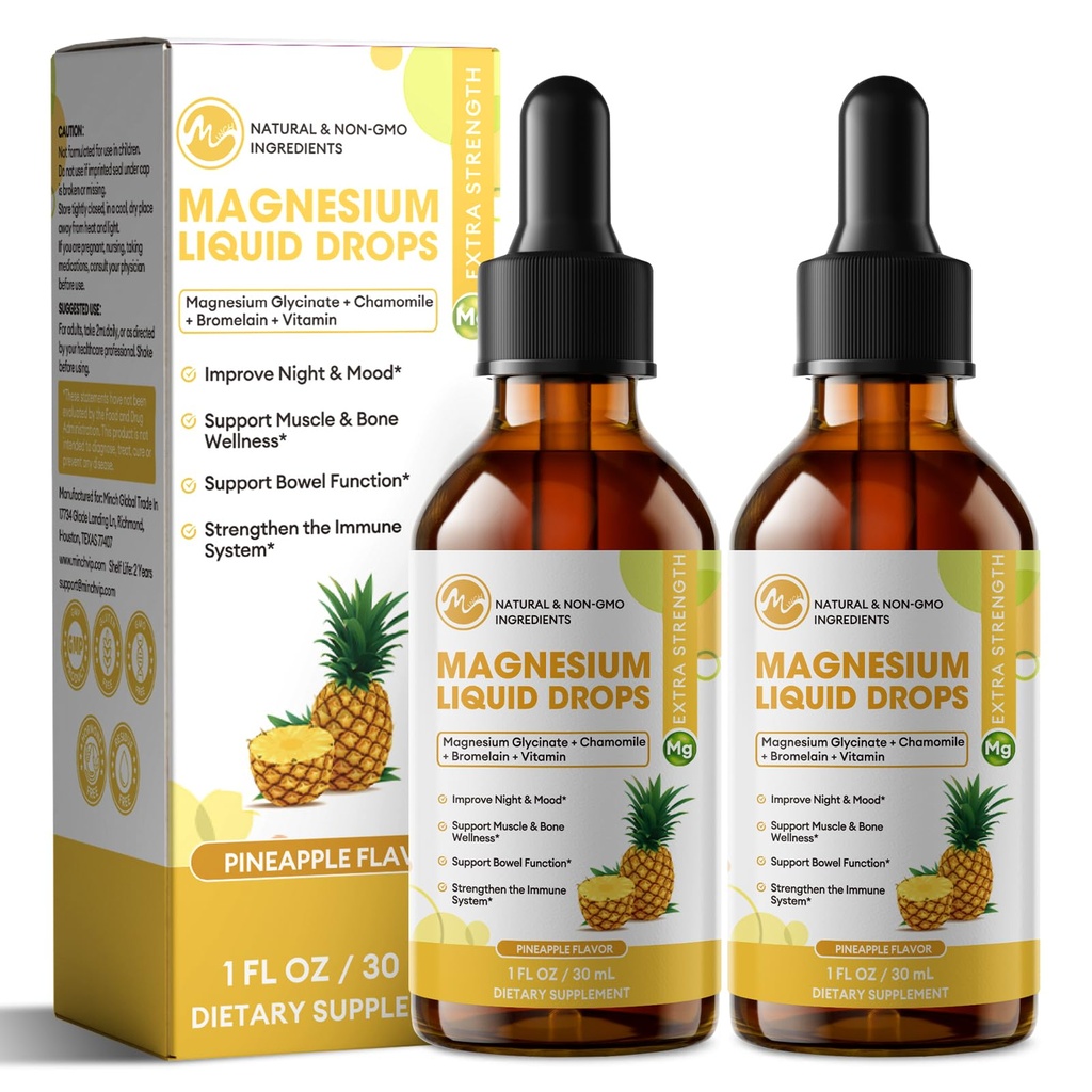 M inch Magnesium Glycinate Liquid, Absorción alta Magnesium Liquid Drops with Cellulose Fiber, Bromelain, Vitamina B6, C, D, Zinc, Magnesium Supplement for Kids and Adults, Pineapple Flavor, 2 Pack