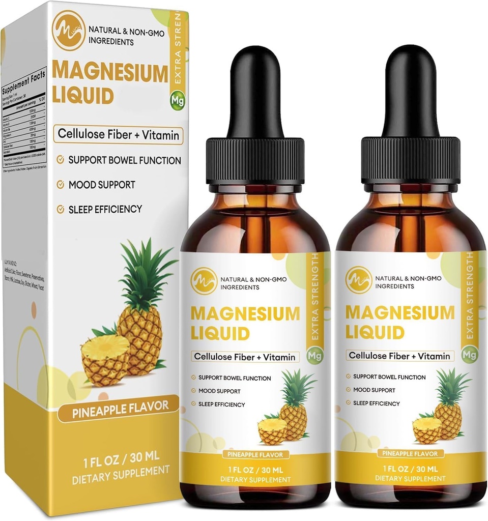 M inch Magnesium Glycinate Liquid, Absorción alta Magnesium Liquid Drops with Cellulose Fiber, Bromelain, Vitamina B6, C, D, Zinc, Magnesium Supplement for Kids and Adults, Pineapple Flavor, 2 Pack