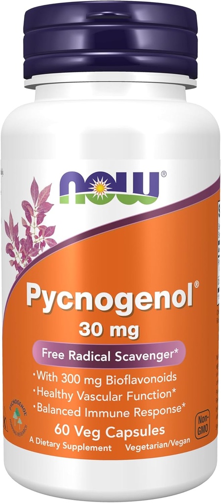 AHORA Suplementos de alimentos, Pycnogenol 30 mg (una combinación única de proanthocyanidins de Pine Marítimo Francesa) con 300 mg Bioflavonoides, 60 cápsulas de veg