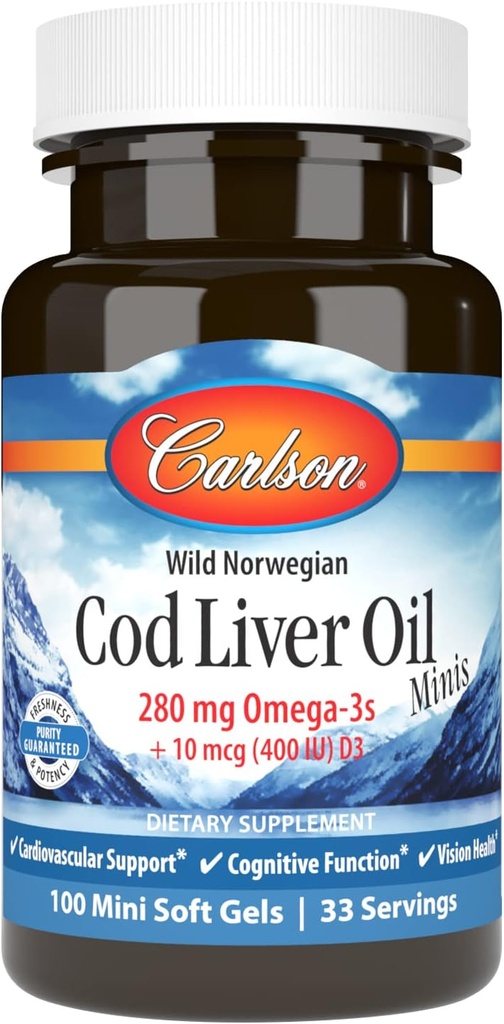 Carlson - Cod Liver Oil Minis, 280 mg Omega-3 + Vitaminas A y D3, Norwegian, Wild Caught, Sosteniblemente Fuented, 100 Mini Softgels