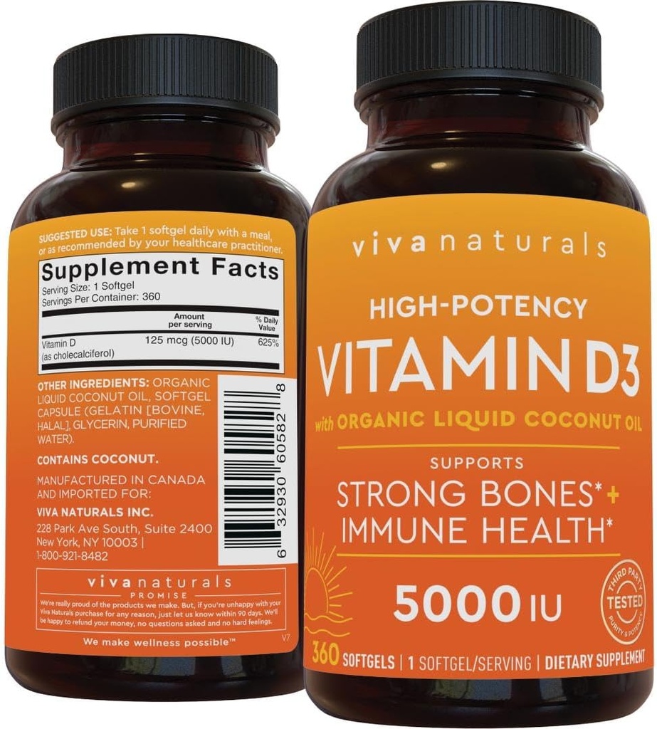 Viva Naturals Vitamina D3 5000 UI Softgels, 360 Conde (125 mcg), Soporta Bone &amp; Immune Health, High Potency Vitamin D