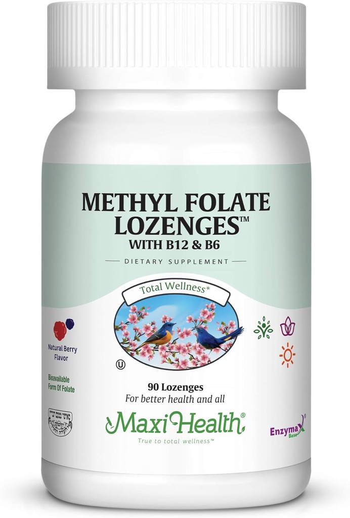 Maxi Health Methyl Folate Lozenges with B12 &amp; B6, Flavored Memory, Cardiovascular Health Hormone &amp; Immune Support Gluten Free, Kosher Berry, 90 Count