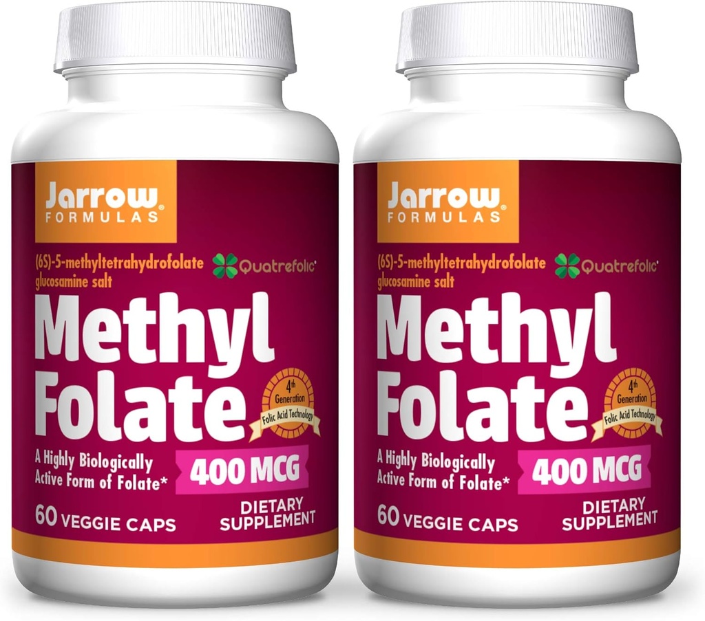 Jarrow Formulas Methyl Folate 400 mcg - 60 Veggie Caps, Pack de 2 - Forma altamente biológicamente activa de Folate - 4th Generation Folic Acid Technology - 120 Total Servings
