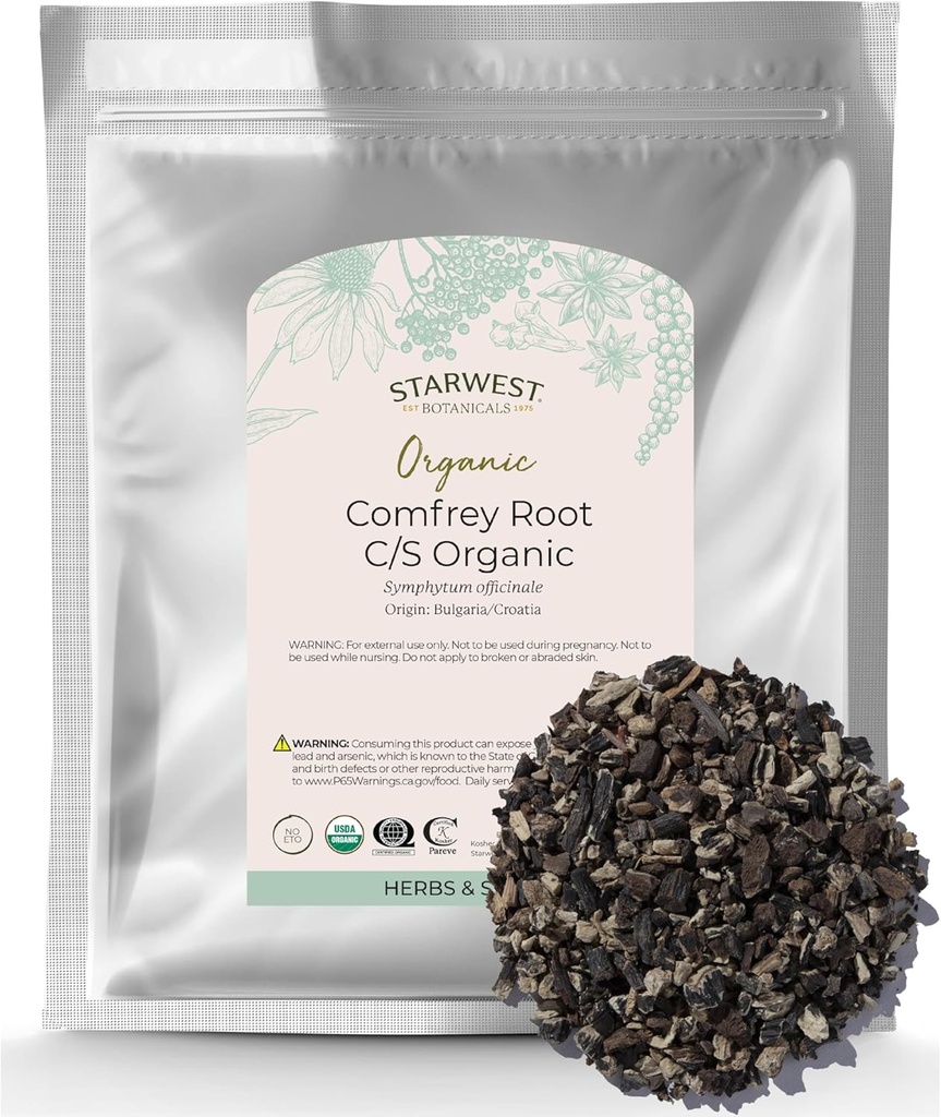 Starwest Botanicals Organic Dried Comfrey Root - Natural Herb for Topical Application, Salve or Oil, Cut " Sifted, Certified Kosher, Non-GMO - Bulk 1 lb Bag
