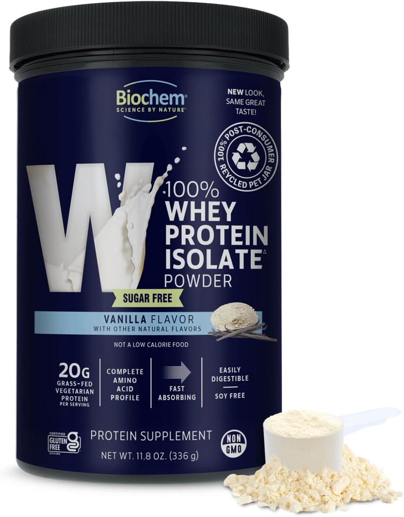 Biochem 100% Whey Vainilla sin azúcar 20g, 11.8oz, Vegetariano certificado, Gluten certificado gratis, certificado no GMO testado, Keto Friendly, Grass-Fed