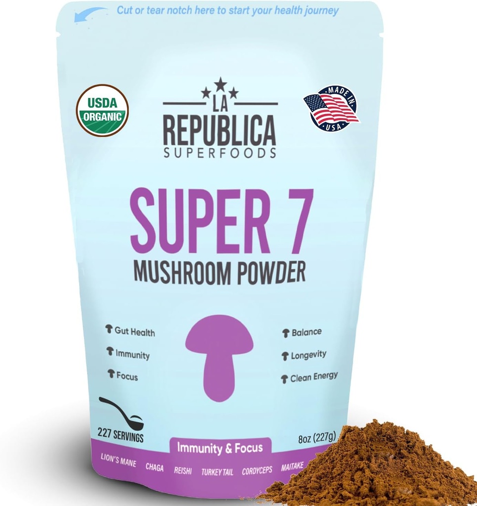 La Republica Superfood Super 7 Mushroom Extract Powder, Incluye Mane de León, Reishi, Chaga, Cordyceps, Shiitake, Maitake y Turquía Tail (8 oz)