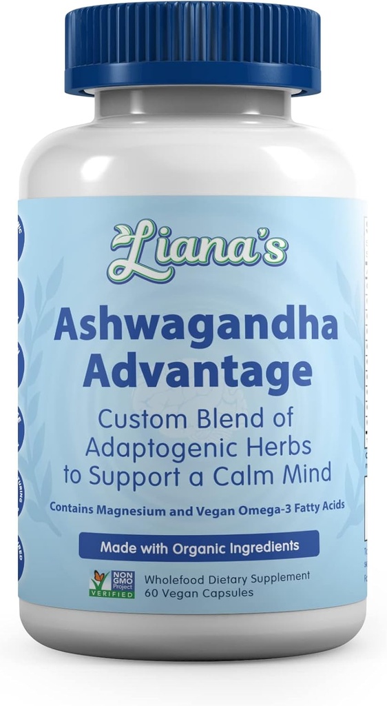 Ashwagandha Advantage, USDA Organic Blend for Stress Relief, Mood & Adrenal Support. Hecho con Ashwagandha, Turmeric, Spirulina y Más- 60 cápsulas Suplemento Vegan puro no GMO