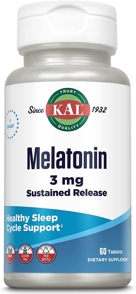 KAL Melatonin 3mg Sostenida liberación Ayuda al sueño, suplemento de melatonina Apoyo Relajación saludable, una sensación de calma y un ciclo de sueño adecuado, w / vitamina Agregada B6, Vegan, Gluten libre 60 serv, 60 tabletas