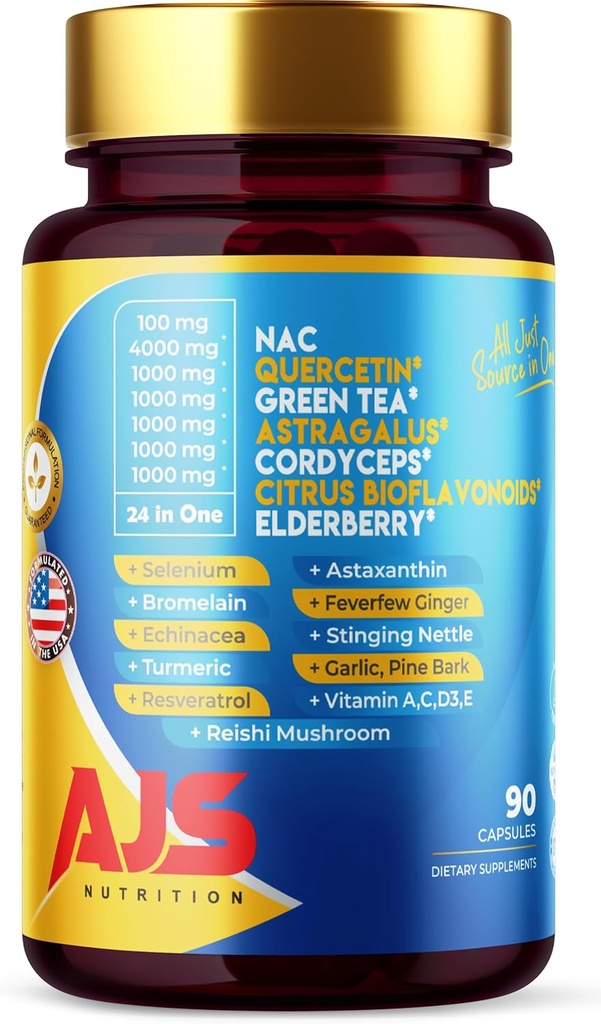 AJS Quercetin 4000mg con Nac Green Tea Cordycepscitrus Elderberry Selenium Bromelain Echinacea Turmeric Resveratrol Astaxanthin Feverfew Ginger Reishi Mushroom 90 Caps 20 en 1