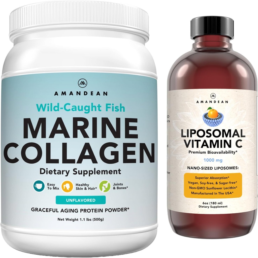 Marine Collagen Powder + Vitamina C - Perfect Skin from Within Combo. Peptides de pescado de caca silvestre, Liposomal VIT C Líquido 1000mg. Producción y síntesis más abundantes para el envejecimiento saludable, belleza, bienestar.