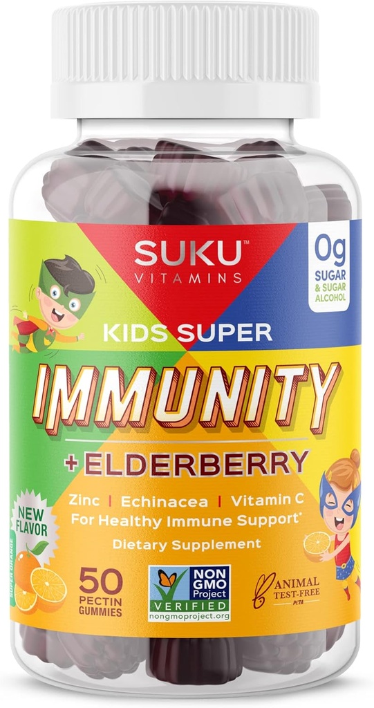 SUKU Vitaminas - Niños Super Inmunidad - Elderberry, Echinacea, Vitamina A y Zinc Gummies para Immune Soporte - Fácil de Chew - No GMO, Azúcar sin gluten - Pomegranate Lime Gummy Vitaminas, 50 Conde