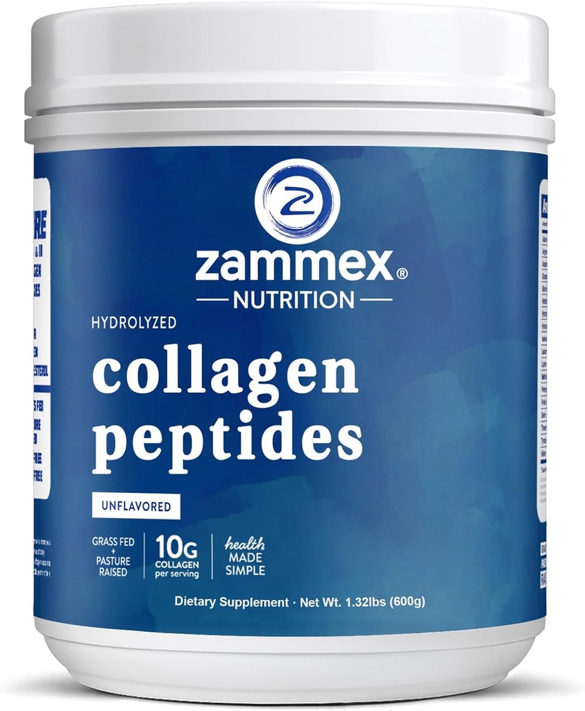 Zammex Premium Collagen Peptides Polvo Desarmado,Hidrolyzed Proteins Tipos I " III, Admite el cabello, la piel, las uñas, las articulaciones, la semilla de hierba, no GMO, libre de gluten,Paleo " Keto Friendly,60 Servings