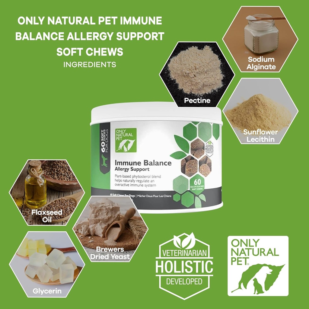 Sólo Natural Pet Immune Balance - Immunity Booster for Itchy Skin Licking " Scratching w/Phytosterols for Seasonal or Food Allergies Suplemento de vitaminas para perros sanos - 60 Soft Chews