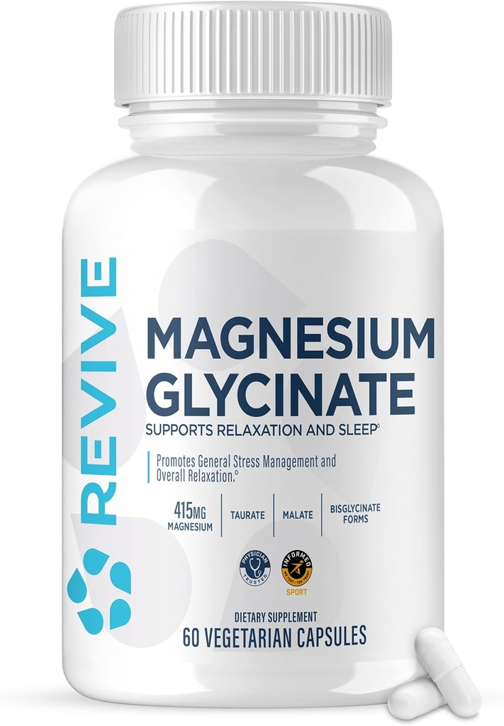 Revive MD Puro Magnesio Glycinate 200mg – Suplemento de alta absorción para la relajación, alivio del estrés, soporte de memoria del sueño – promueve huesos fuertes, función sana del nervio &amp; musculo (60 piezas)