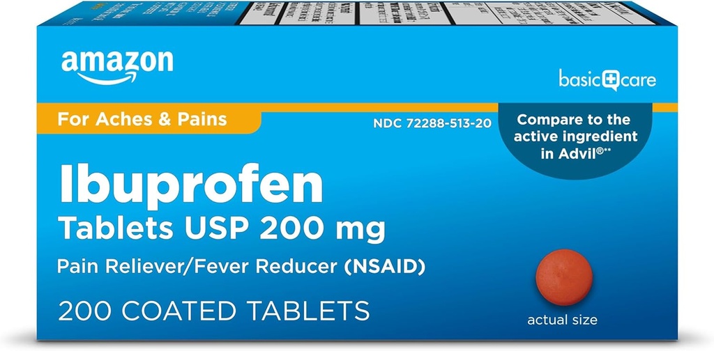 Cuidado básico Tablas de Ibuprofeno, Reductor de Fiebre y Alivio del Dolor del Cuerpo, Dolor de Cabeza, Artritis y Más, Marrón, 200 Conde (Paquete puede variar)