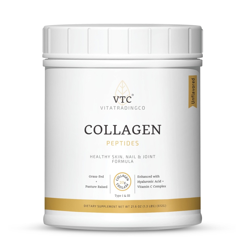 VTC VitaTradingCo. Peptides de colágeno de gran tamaño Pólvora Tipo I " III ← Ácido hialurónico " Vitamina C TENIDO Pelo sano, Esquín " Conjuntos TENIDO NO GMO, Paleo, Keto TENIDO 30 Servimientos (Sin sabor)