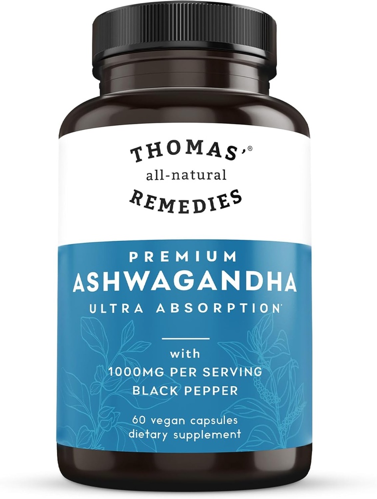 Remedios todo natural de Thomas Suplemento de apoyo a la tensión de Ashwagandha orgánica, Mood & Energy Support, Pure Ashwagandha 1000mg, Ultra Absorption with Black Pepper, Vegan, No fillers