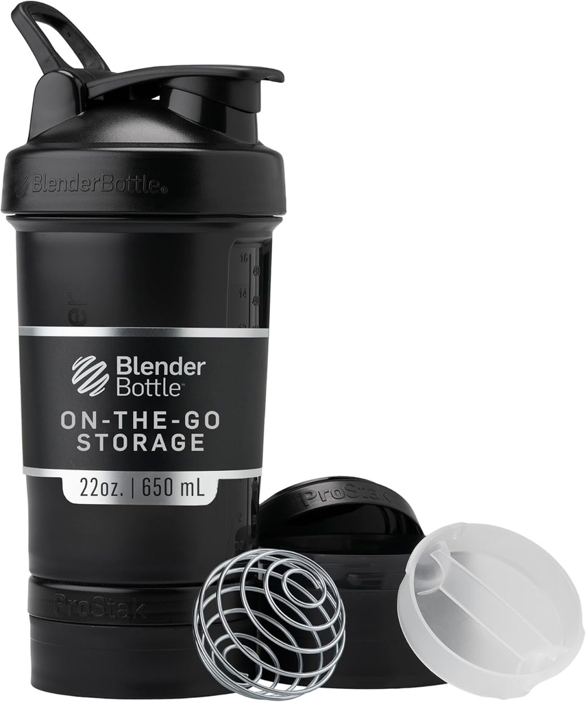 BlenderBottle Shaker Bottle con Organizador de Píldoras y Almacenamiento para Protein Powder, Classic V2 ProStak System, 22-Once, Medianoche Negro
