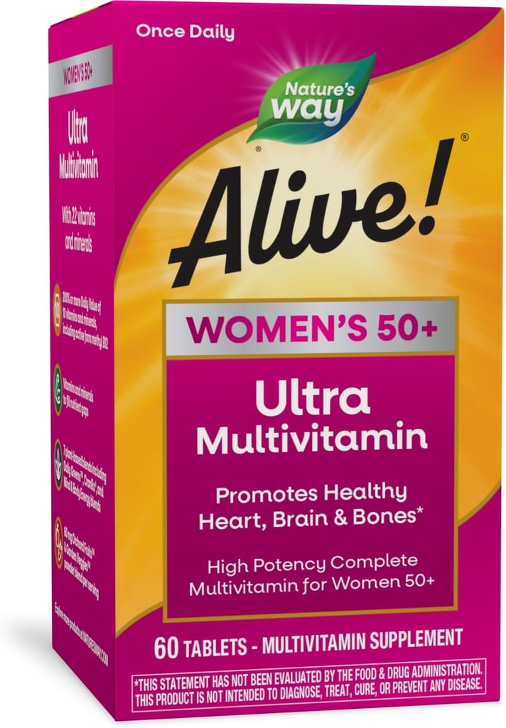 Camino de la Naturaleza ¡Vive!® Una vez que las mujeres diarias 50+ Multivitamina, Ultra Potency, Blends alimentados con alimentos (60 mg por por porción), 60 Tabletas