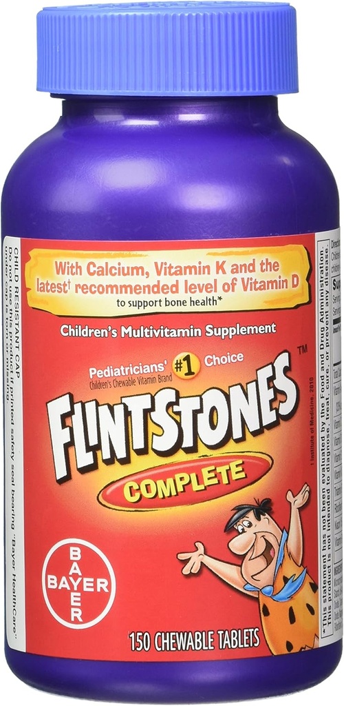 Flintstones Chewable Kids Vitamins, Multivitamina completa para niños y niños pequeños con hierro, calcio, vitamina C, vitamina D &amp; más, 300ct (Pack of 2 150 Count Bottles)