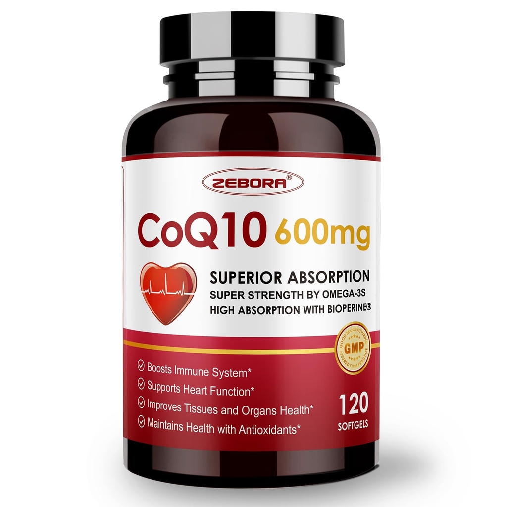 CoQ10-600mg-Softgels - Extra Strength Coenzyme Q10 con PQQ, Omega-3 " BioPerine - High Absorption CoQ10 Suplementos Antioxidante (Ubiquinona) para la producción de energía y salud cardíaca, 120 Softgels