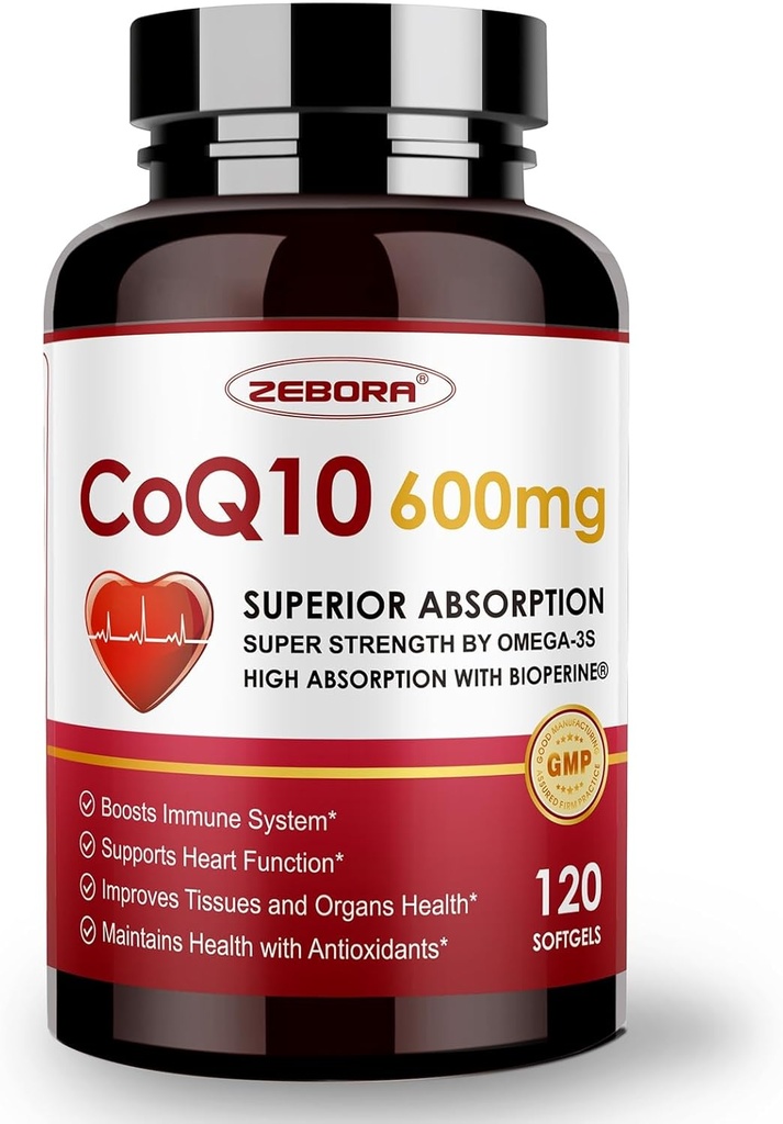 CoQ10-600mg-Softgels - Extra Strength Coenzyme Q10 con PQQ, Omega-3 " BioPerine - High Absorption CoQ10 Suplementos Antioxidante (Ubiquinona) para la producción de energía y salud cardíaca, 120 Softgels