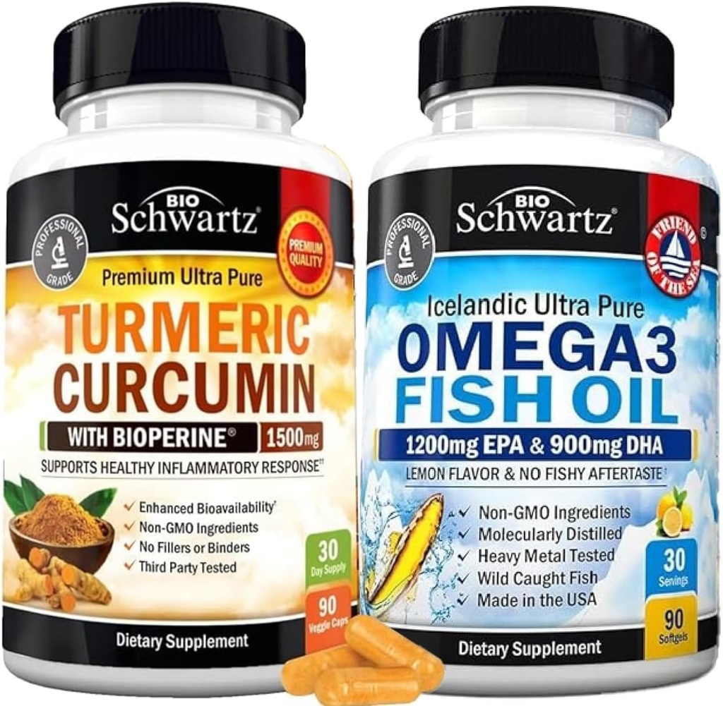 Triple fuerza Omega 3 aceite de pescado Softgels (1 mes de suministro) Más Curcumina de Turmérico con Pepper negro Extract Complejo de 1500mg (tamaño de la prueba)