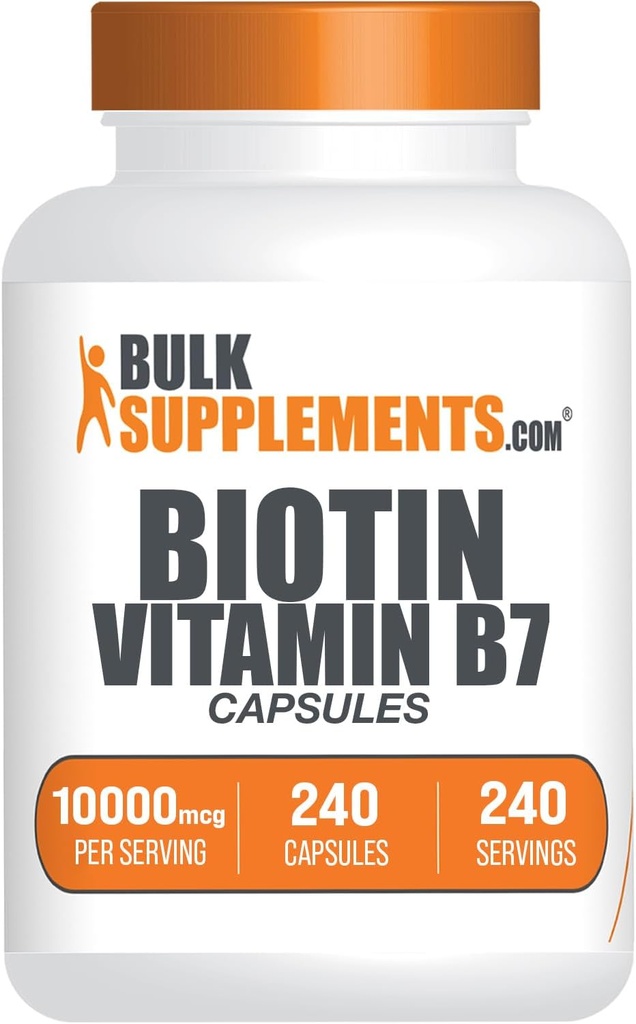 BulkSupplements.com Biotina 10000mcg cápsulas - Suplemento de biotina, Vitaminas de biotina para el cabello, la piel y las uñas, Vitamina B7 - Gluten Gratis, 1 cápsula por ser, 240 cápsulas (Pack of 1)