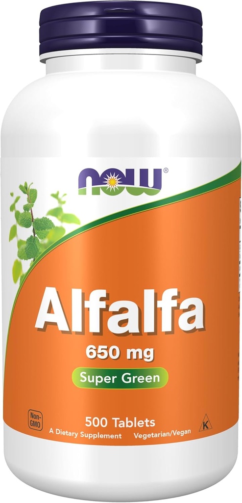 AHORA Suplementos, Alfalfa 650 mg fuente de vitamina K, Superalimentos Verdes, 500 Tabletas