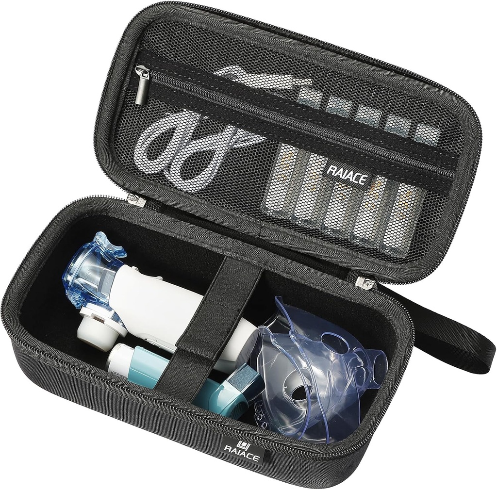 Caja de almacenamiento duro RAIACE para la máquina de inhalador portátil de mano, bolsa de viaje Asma Inhaler. Bolsillo de malla integrado para medicina y accesorios. (case only) - Negro