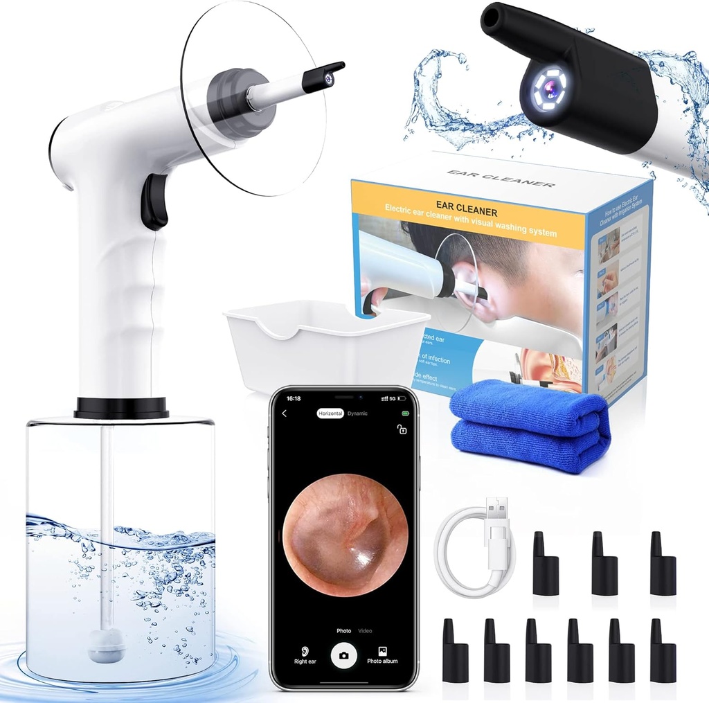 Ear Wax Removal, Ear Cleaning Kit, Water Powered Ear Cleaner con 3 modos de presión 12 consejos de sustitución, Ear Irrigation Flushing System, Safe and Effective Ear Wax Removal Tool (Black)