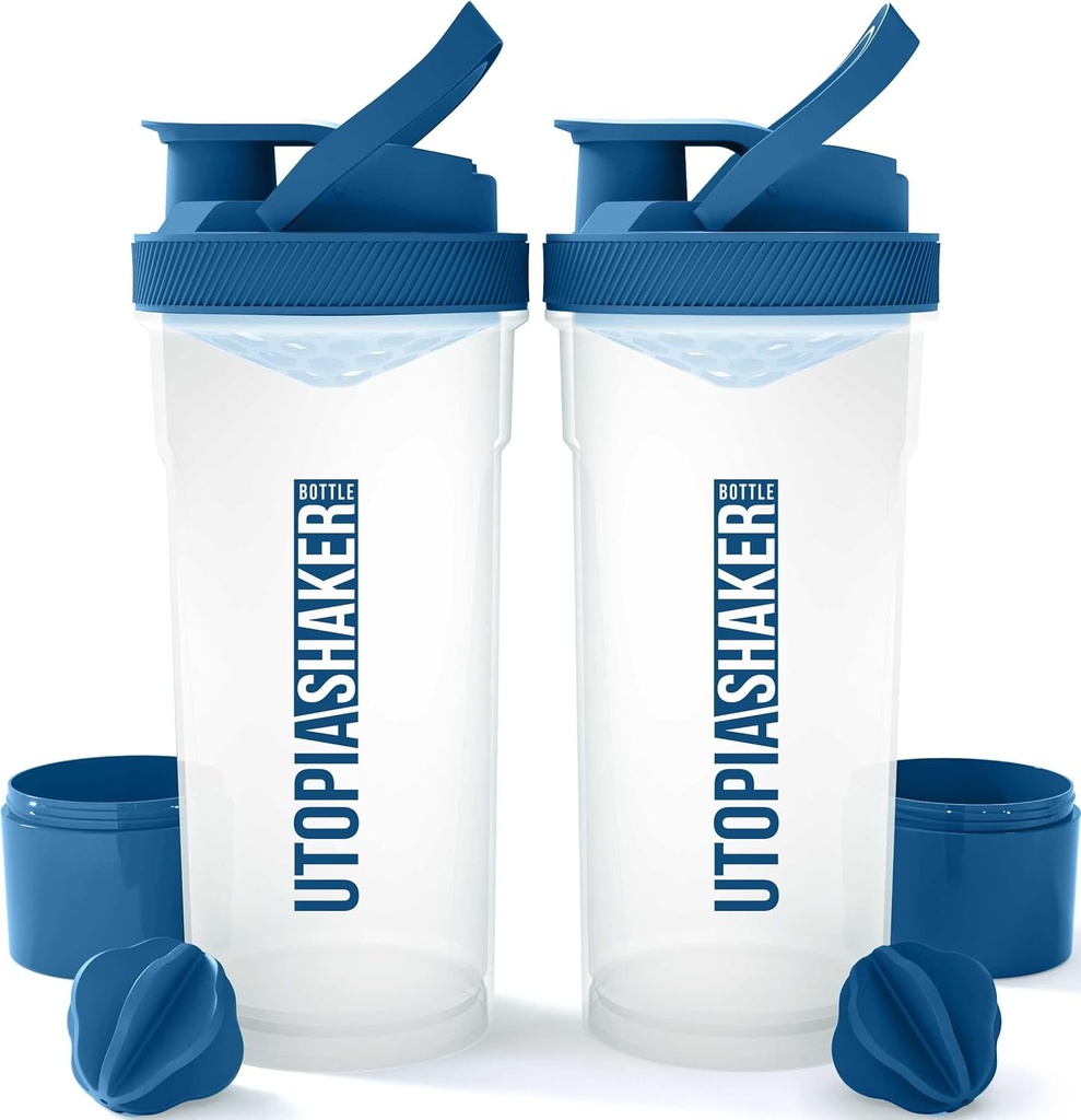 Utopia Home Shaker Bottle 2 Pack - 24 Ounce Plastic Protein or Cocktail Shaker Bottle for Pre &amp; Post workout with Twist & Lock Protein Box Storage (Clear/Navy)