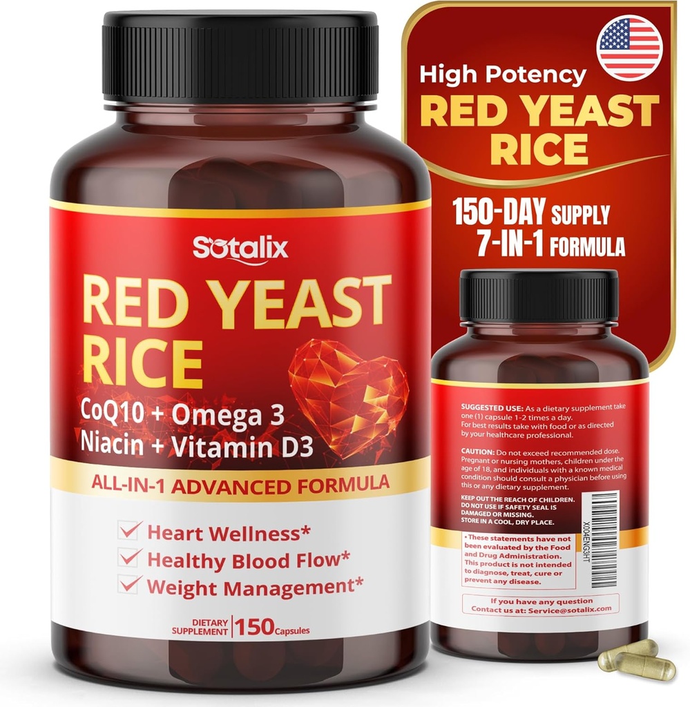 Arroz de levadura ultra roja con CoQ10, Omega 3 Niacina, Vitamina D3 para el bienestar general, Immune System Support - USA Made " Tested (150 Conde (Pack de 1))