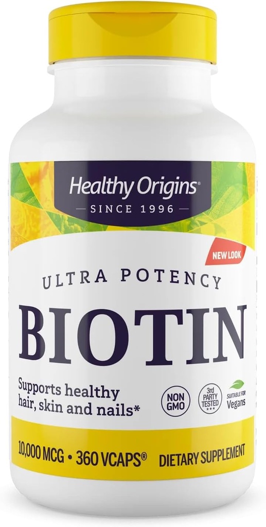 Orígenes saludables Biotin 10,000 mcg (USP Grade, Non-GMO, Gluten Free, Hair Support, Nail Support), 360 Veggie Caps