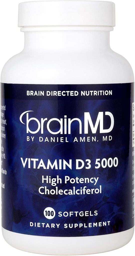 Cerebro por Dr Amen Vitamin D3 5000 - 100 Softgels - Cholecalciferol de alta potencia - Gluten Gratis - 100 Servings
