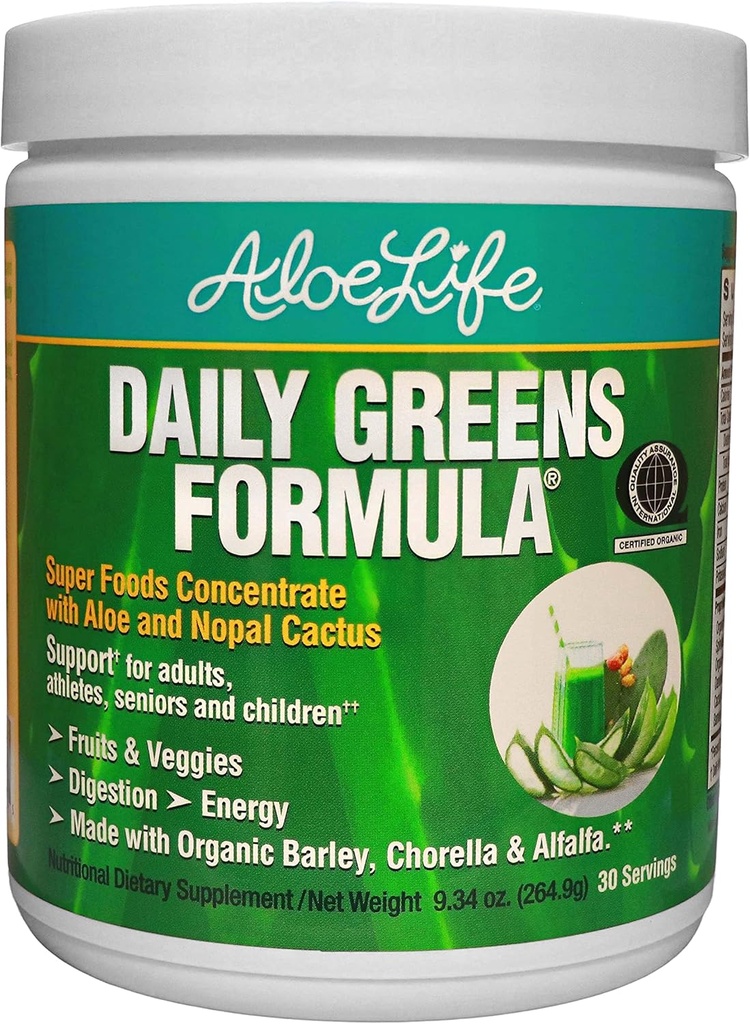 Aloe Life - Daily Greens Powder, QAI-Certified Organic Health Supplement, Antioxidants, 21 Fruits, Veggies, " Herbs including Aloe & Nopal Cactus, Low-Calorie, Keto-Friendly, Gluten-Free (30 Servings)