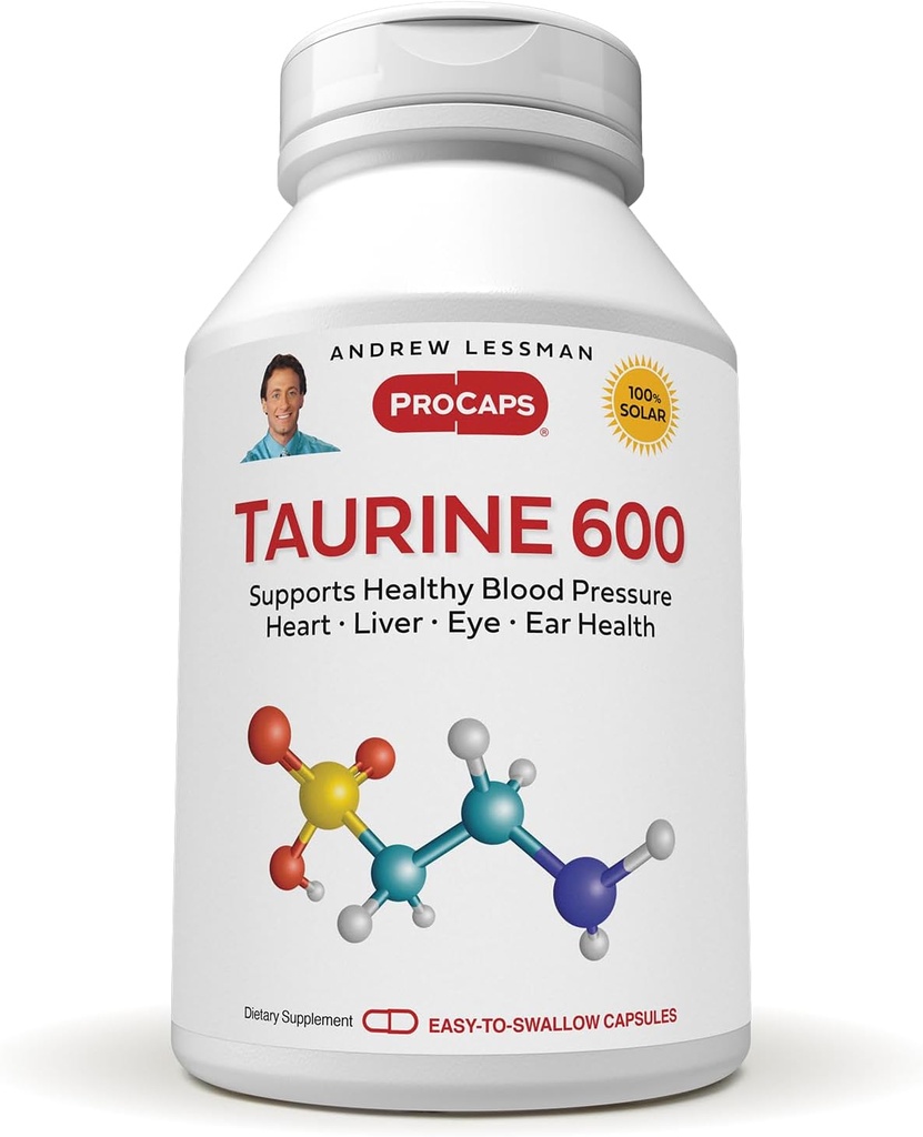 ANDREW LESSMAN Taurine 600-180 Capsules - Apoya la presión arterial sana, corazón, hígado, ojos y salud del oído. Fuente pura y alta potencia de la Taurina Aminoácida. No hay aditivos