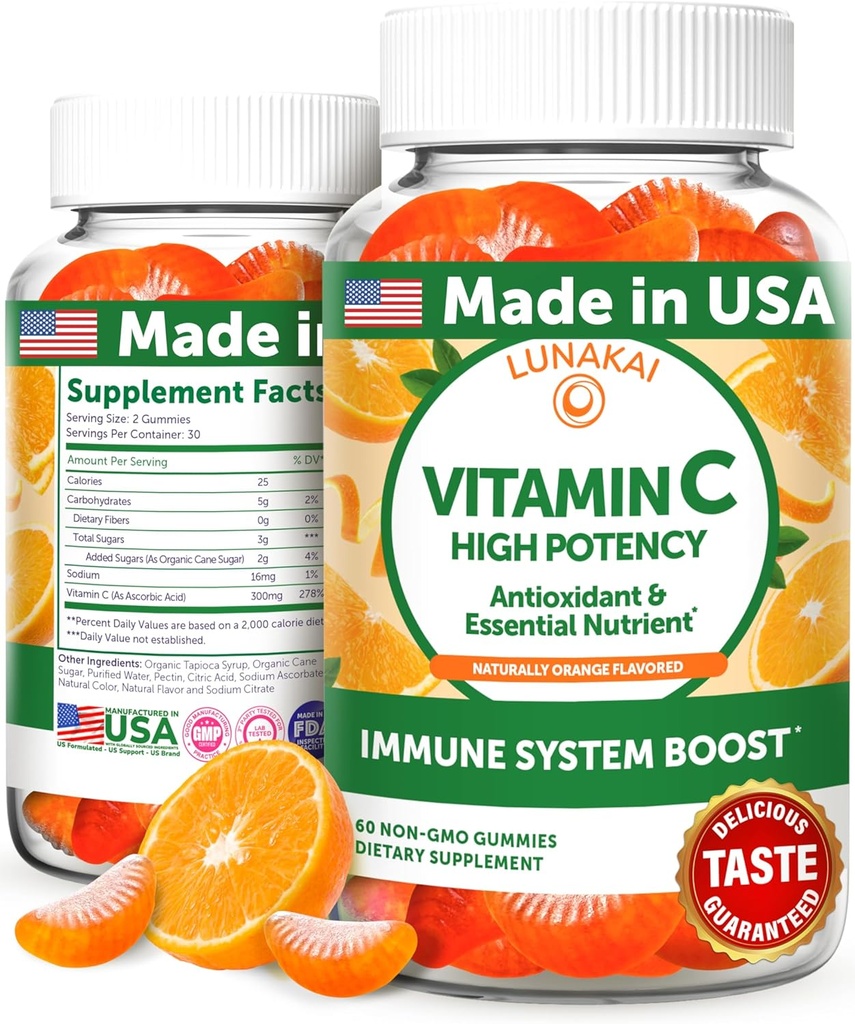 Lunakai USA hizo alta potencia vitamina C Gummies para adultos y niños - 300 mg de apoyo inmunológico - No GMO, Vegan, sabor naranja delicioso, 60ct