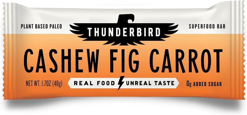 Thunderbird Bars Energy Snack, Gluten-Free with Protein, Healthy Real Food, Vegan Paleo Non-GMO, No Añadido Sugar, Anacardo Fig Carrot Flavor (12 Conde, 1.7 oz. Bares)