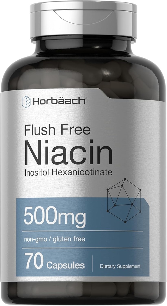 Horbaach Niacin 500mg  70 Capsules ← Flush Suplemento gratuito TEN como Inositol Hexanicotinate ANTE No GMO y Gluten Gratis