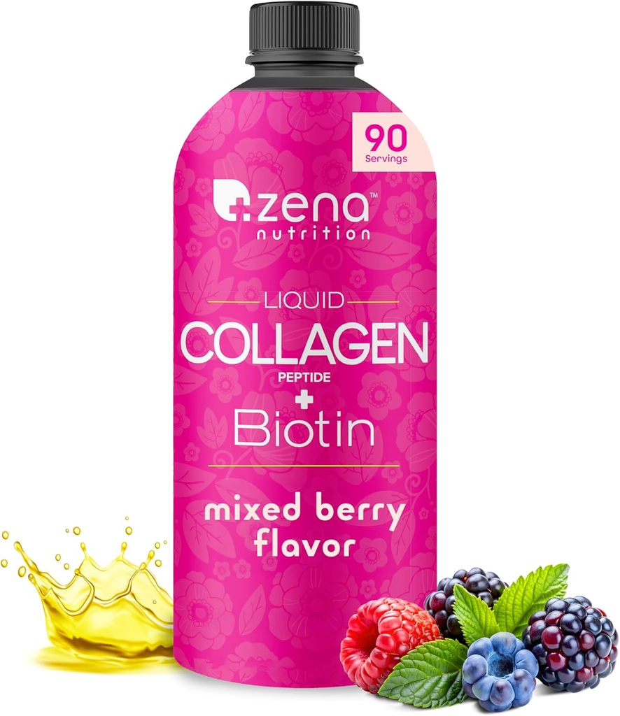Nutrición Zena Péptidos líquidos y biotina, 2500 mg Verisol Péptidos bioactivos de colágeno, 5000mcg Biotina, Cabello, Esquí, Suplemento de uñas para Mujeres y Hombres, Berry mixto, 90 Servimientos, 30 fl oz
