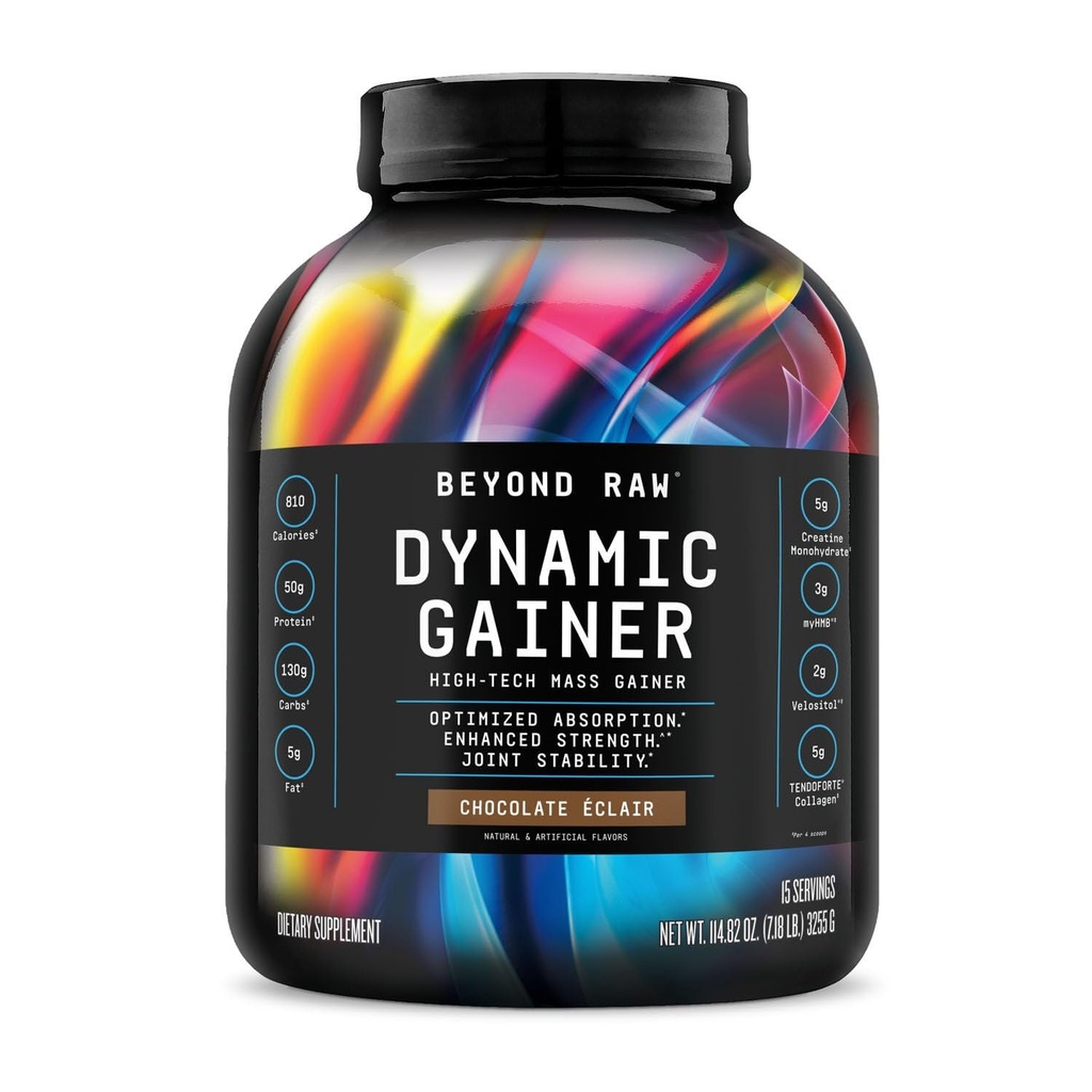 BEYOND RAW Dynamic Gainer | High-Tech Mass Gainer | Optimized Absorption, Enhanced Strength, and Joint Stability | Chocolate Éclair | 15 Servings