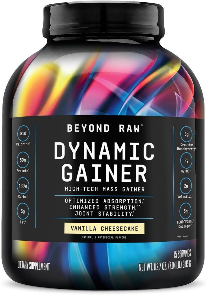 BEYOND RAW Dynamic Gainer. Gainer de masa de alta tecnología, absorción optimizada y fuerza aumentada, tortita de vainilla, 15 piezas