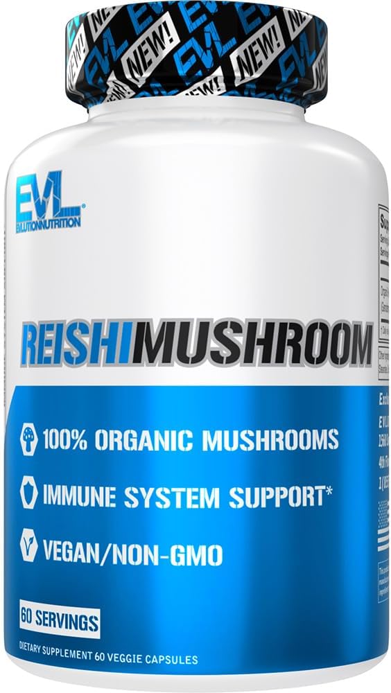 Evlution Nutrition Reishi Mushroom - Immune System &amp; Health Support - 500mg Mushroom Supplement - 100% Organic, Vegan &amp; Non-GMO - 60 Servings