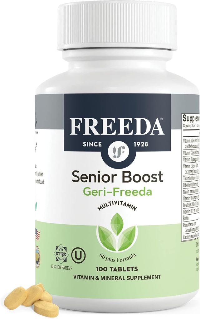 Freeda Senior Multivitamin - Kosher Vitamins for Men &amp; Women 60 and Over - One Daily Coated Tablet - Women’s &amp; Men’s Vitamins Multivitamin 60 Plus - Vitaminas para Mujeres Más de 60 Plus Antiguamente (100 Cuenta)