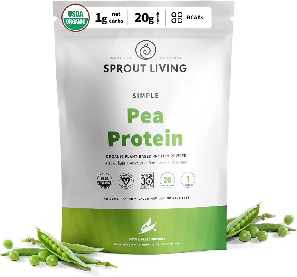 Sprout Living Organic Pea Protein Powder, Unflavored, 20 Grams of Plant Based Organic Protein Powder Without Artificial Sweeteners, Non Dairy, Non-GMO, Vegan, Gluten Free (1 Libra, 19 Servings)